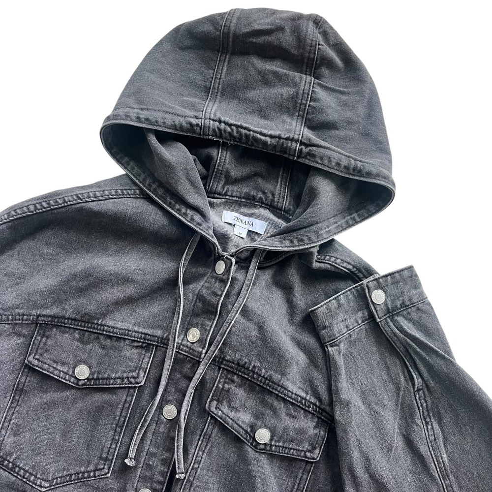 Zenana Women's M Gray Black Wash Denim Button Snap Cropped Hood Oversized Jacket